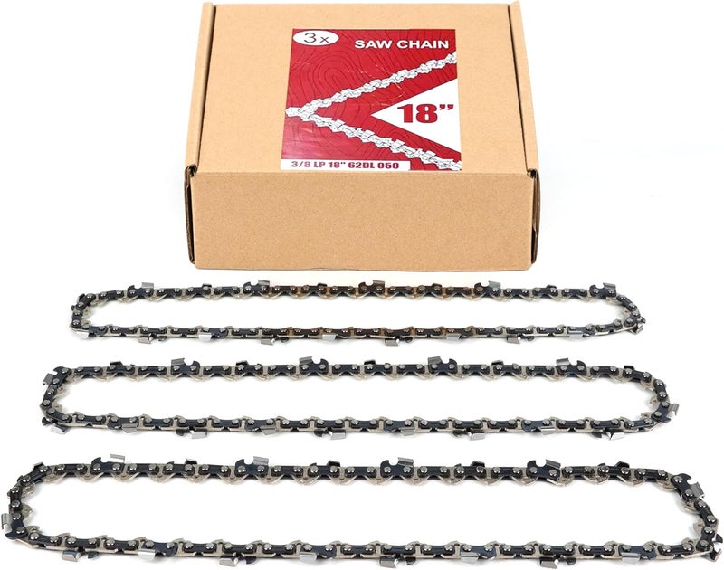 PETOX 18 Inch Chainsaw Chain 3/8" LP Pitch, .050'' Gauge, 62 Drive Links, Low kickback, Fit for Craftsman, Remington, Greenworks, Earthwise, Echo, Husqvarna Chainsaws and More - S62 (3 Pack) - Image 1